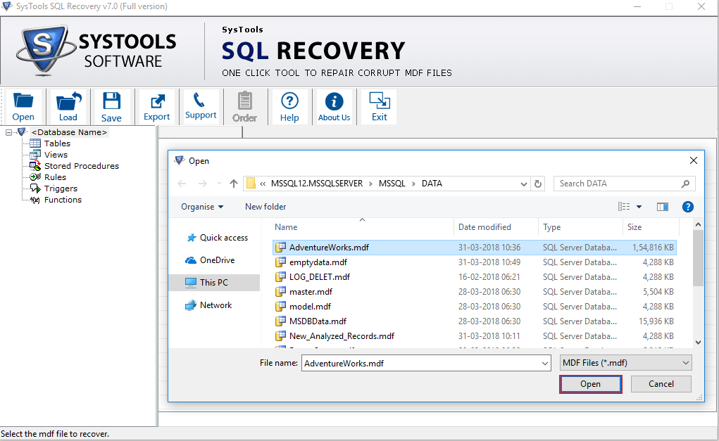 Software repair tool. Systools SQL Recovery. Open MDF file. MDF В DB.